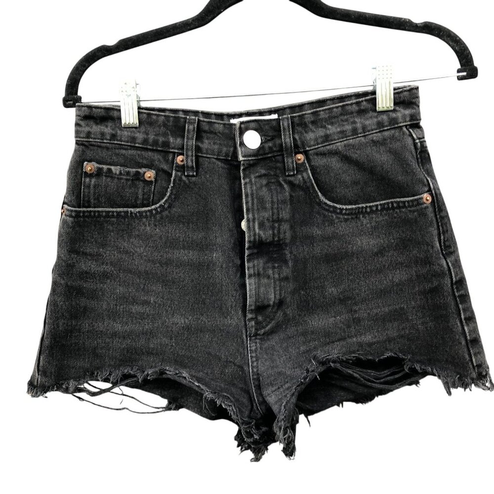 Zara High Waisted‎ Denim Shorts Womens 4 Cutoff Frayed Raw Hem Black Button Fly